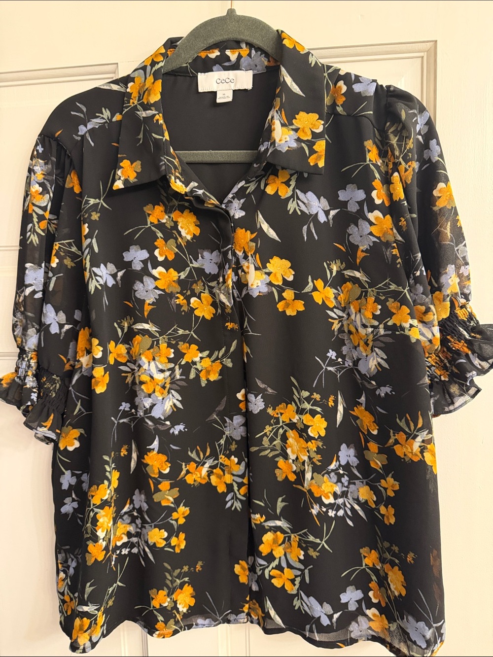CeCe Black Floral Button-Down Blouse with Yellow and Lavender Flowers